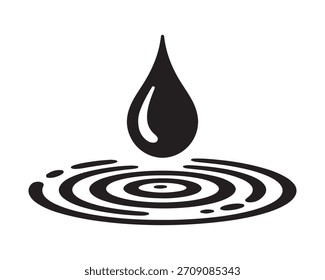 Gráfico de Vector en blanco y negro que representa una forma de lágrima que desciende sobre una superficie plana, generando ondas circulares concéntricas. Esta Imagen simple y de alto contraste simboliza los conceptos l