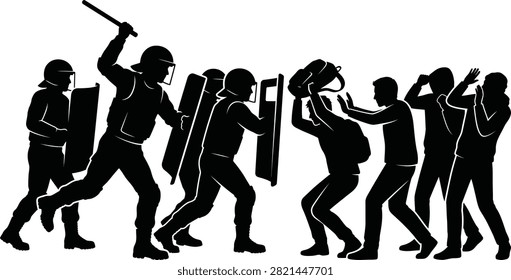 A stark black and white vector illustration showing police officers in full riot gear engaging with a group of protesters in a tense public confrontation.
