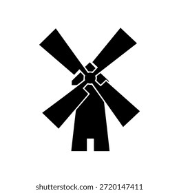 Una Ilustración vectorial de silueta de molino de viento negro, con cuatro cuchillas giratorias y una base simple con una puerta, aislada limpiamente sobre un fondo blanco.