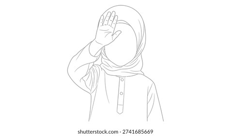 A stark black-and-white line drawing shows a woman in a hijab, her hand raised to obscure her face, conveying a sense of privacy.