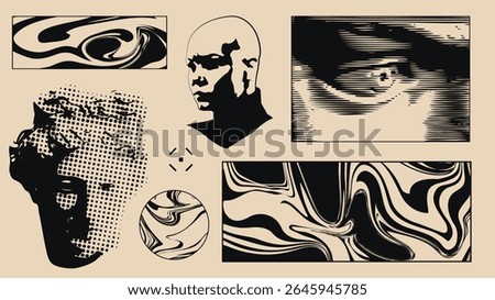Stark brutalist collage featuring statue fragments, portrait, and swirling marbled abstractions. Concept of background graphics for websites and apps