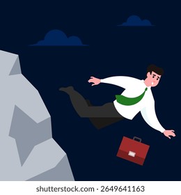 Um forte vetor de desenhos animados mostra um homem de negócios despencando de um penhasco para o abismo à noite. Esta imagem simboliza a crise empresarial, o fracasso financeiro e as recessões econômicas