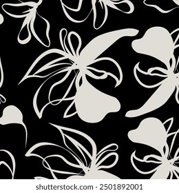 The stark contrast between the black background and the white floral elements enhances the clarity and prominence of the pattern. This makes it suitable for bold