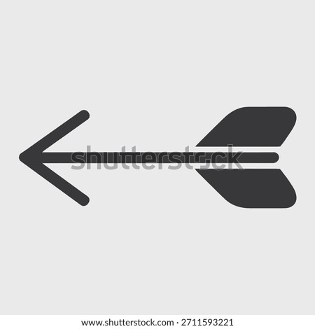 A stark, dark gray arrow with fletching points directly to the left against a plain, light gray backdrop.