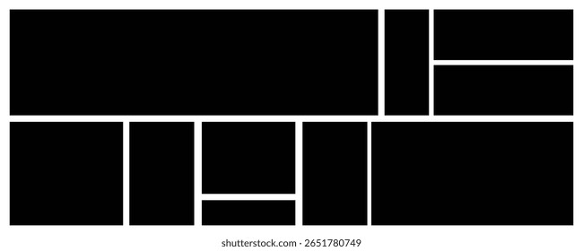 A stark geometric composition featuring bold black shapes divided by thin white lines.