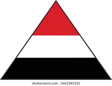 A stark geometric design featuring a triangle divided into three horizontal bands of red, white, and black. The silhouette style emphasizes the shape and colors.