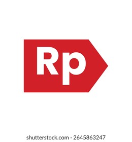 A stark, graphic emblem dominates the composition, featuring the letters Rp in bold, white sans-serif font, set against a vibrant red, arrow-shaped background.