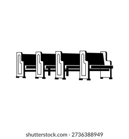 A stark, graphic representation of empty church pews in a simple black and white style, emphasizing form and line.