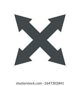 A stark, graphic symbol dominates the composition: four arrows converging at a central point, forming an X shape.