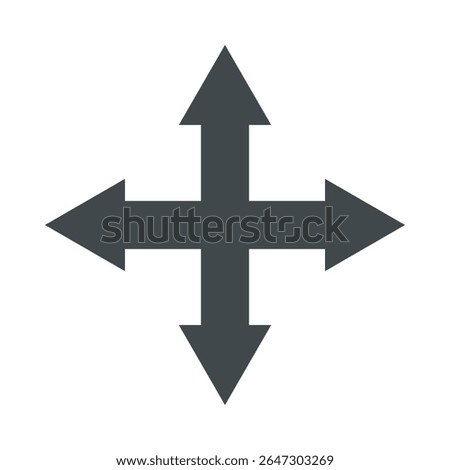 A stark, graphic symbol dominates the composition: a four-way arrow, rendered in a solid, muted charcoal gray. The arrow is perfectly symmetrical, with each arm extending outward from a central inters