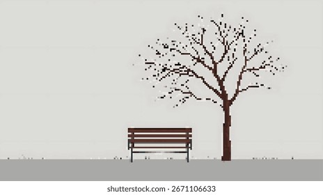 A stark image of a bare tree and bench under a gray sky.
