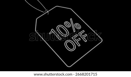 a stark image of a ten percent off tag outlined in white against a solid black background providing contrast