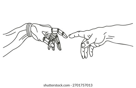 A stark line drawing depicts a robotic hand and a human hand reaching towards each other, symbolizing the intersection of humanity and technology.