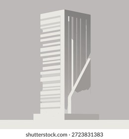 Un diseño arquitectónico marcado y minimalista que presenta una fachada de edificio con líneas Horizontales repetitivas y fuertes sombras geométricas proyectadas por un elemento oculto.