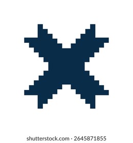 a stark, minimalist digital artwork featuring a pixelated X shape, centrally positioned against a pure white background.