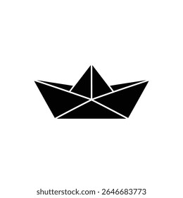 A stark, minimalist graphic of a black paper boat, created in origami style. The simple design has a classic paper boat shape with geometric lines.