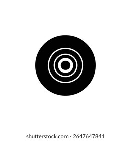 A stark, minimalist image showcasing a black circle featuring four concentric white rings. This design creates an abstract target or bullseye effect against a white background.