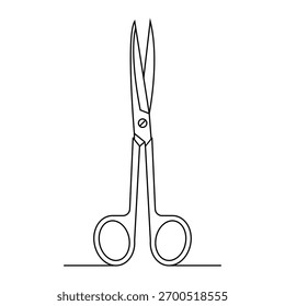 Um desenho de linha nítido e minimalista de tesoura aberta, colocado contra um pano de fundo branco. Esta imagem apresenta aplicativos básicos de criação, corte e design.