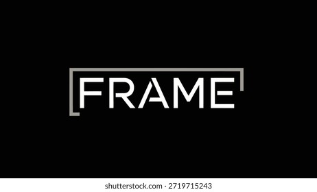 Un gráfico descarnado y moderno con la palabra blanca "FRAME" colocada centralmente dentro de un simple contorno gris sobre un fondo negro profundo. Esto