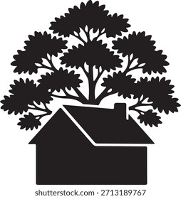 Una Imagen monocromática y cruda con una casa parcialmente oscurecida por la forma de un árbol.
