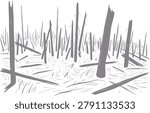 A stark, monochrome a desolate forest landscape after a fire, with numerous burnt and broken trees standing amidst scattered debris and dry undergrowth.