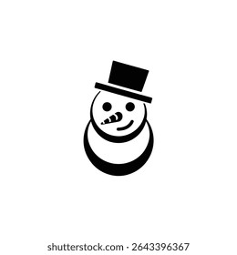 A stark, monochrome illustration showcasing a minimalist snowman icon. The snowman wears a stylish top hat and features a classic carrot nose, isolated on white.