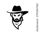 Stark monochrome vector logo of a bearded man in a cowboy hat and bandana. Ideal for branding, apparel, or representing rugged Western themes.