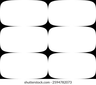 Stark pattern, minimalist graphic showcasing six white rectangular shapes with softly rounded corners, arranged symmetrically against deep black backdrop.