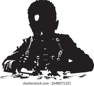 a stark silhouette captures a person seated at a table adorned with cutlery, showcasing a modern design