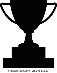 The stark silhouette of a classic trophy is set against a pure white background. The trophy is positioned on a tiered pedestal, emphasizing success and achievement.