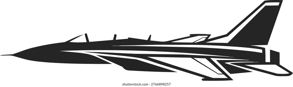 A stark silhouette of a fighter jet, showcasing its aerodynamic design and powerful presence in the sky.