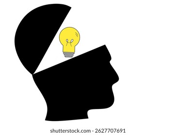 A stark silhouette of a human head is depicted with the top portion open, revealing a bright yellow light bulb inside