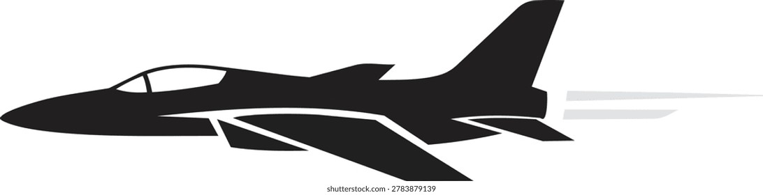 A stark silhouette of a jet plane soaring through the sky, leaving vapor trails behind.