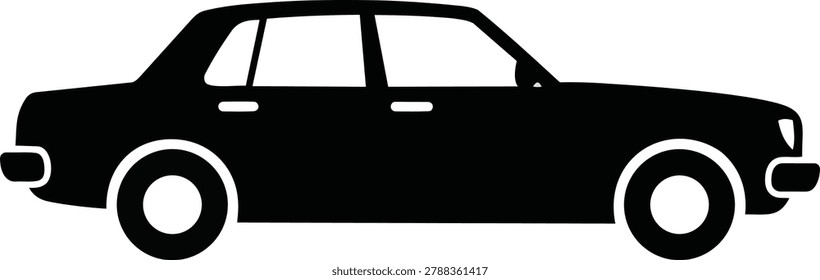 A stark silhouette of a sedan car, emphasizing its classic design and rounded wheel features against a plain backdrop.