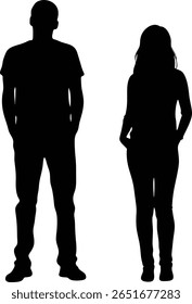 A stark silhouette showcases a man and a woman standing together, their hands casually tucked into their pockets, creating a modern, minimalist aesthetic.