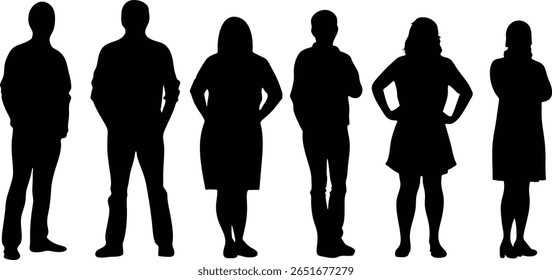A stark silhouette of six individuals aligned against a bright white backdrop. The group, a mix of men and women, stands in a unified row, symbolizing unity and teamwork.