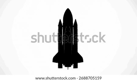 A stark silhouette of a space shuttle against a white background, representing space exploration and technological advancement.