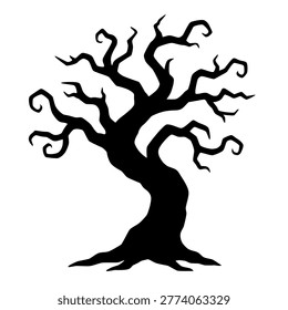A stark silhouette of a twisted, leafless tree with gnarled branches reaching outward, evoking mystery, desolation, and haunting beauty against an empty backdrop.