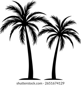 A stark silhouette of two palm trees, their fronds detailed against a white backdrop. Evokes tropical vibes and a sense of minimalist, exotic beauty. Perfect for designs.