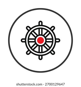 Um gráfico nítido e simplificado representando uma roda de navio, renderizado como um esboço em negrito com um ponto vermelho definidor central, delimitado dentro de um quadro circular puro, simbolizando a direção e o controle no