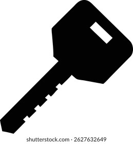 A stark solid black silhouette presents a modern key, showcasing its distinct rectangular head, grooved shaft, and overall minimalist form against a clean backdrop.