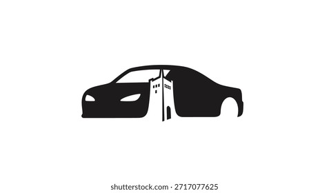 Eine krasse, zweifarbige Grafik mit der vorderen und hinteren Hälfte eines Autos, getrennt durch eine deutliche Lücke, die ein Gefühl der Unvollständigkeit oder Dekonstruktion schafft.