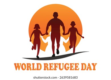 Stark vector art of hands cradling a fleeing family silhouette, shadowed by a blood-orange sunset. A powerful, minimalist symbol of refuge, care, and hope on a clean white background.