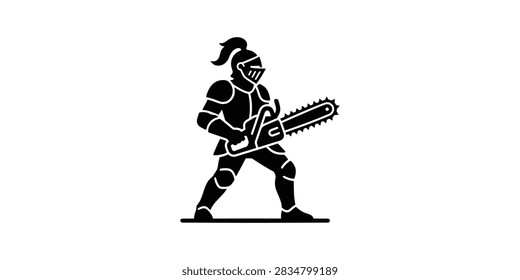 A stark vector style illustration of a knight in full armor wielding a modern chainsaw against a plain white background.