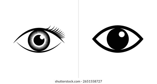 Um visual nítido com dois ícones de olho distintos. O olho esquerdo exibe cílios e um intrincado padrão de íris radial, contrastado com o design minimalista do olho direito.