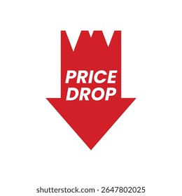 A stark white background hosts a vibrant red downward-pointing arrow, the primary subject, centrally positioned.