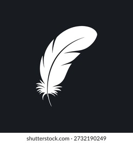 A stark, white feather stands out prominently against a completely black backdrop.