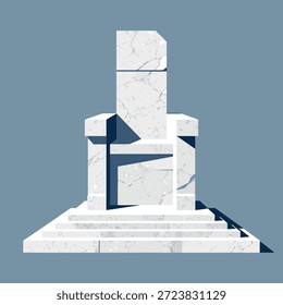 Un monumento de mármol blanco con una base escalonada y una parte superior abstracta en capas, sobre un fondo azul sólido.