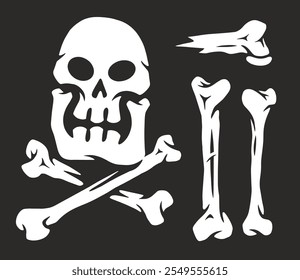 A stark white skull and crossbones design stands out against a dark background. The image features detailed bones arranged creatively around the skull.