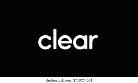 Vor einem tiefschwarzen Hintergrund wird ein krasses weißes Wort "klar" präsentiert. Das minimalistische Design konzentriert sich auf die Botschaft der Klarheit und